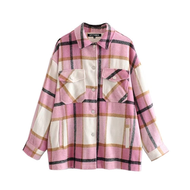 Vintage Stylish Pockets Oversized Plaid Jacket Coat Women 2020 Fashion Lapel Collar Long Sleeve Loose Outerwear Chic Tops