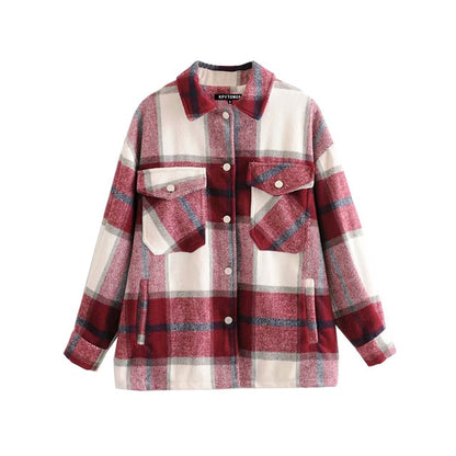 Vintage Stylish Pockets Oversized Plaid Jacket Coat Women 2020 Fashion Lapel Collar Long Sleeve Loose Outerwear Chic Tops